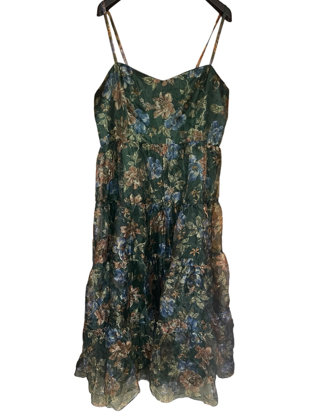 Lulus Exclusive Glamour Spaghetti Strap Tiered Organza Maxi Dress Green Floral
